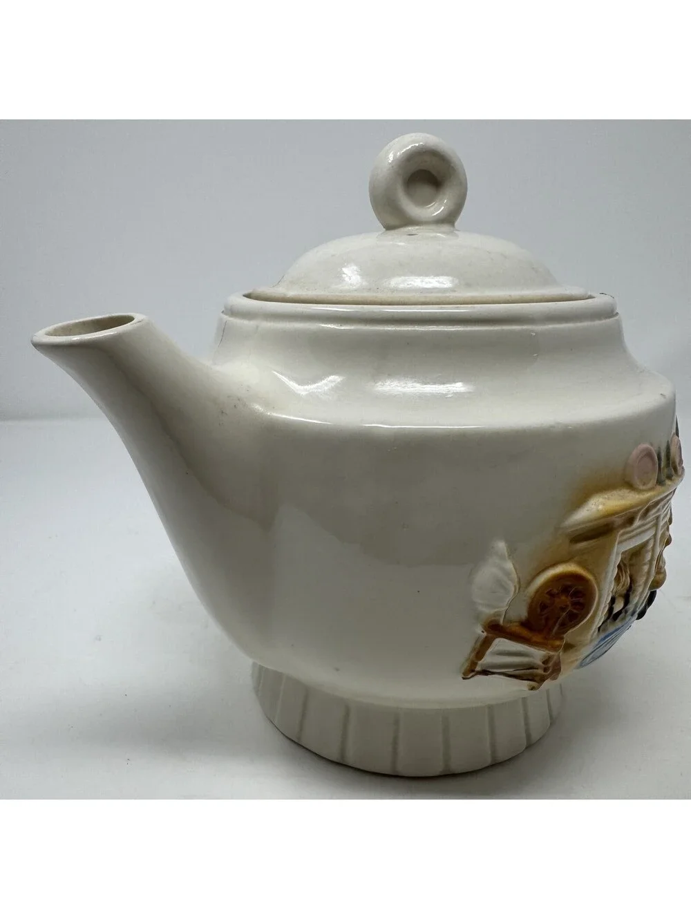 Vintage 1930's Porcelier Teapot Tea Pot Hearth Home Scene USA Vitreous China